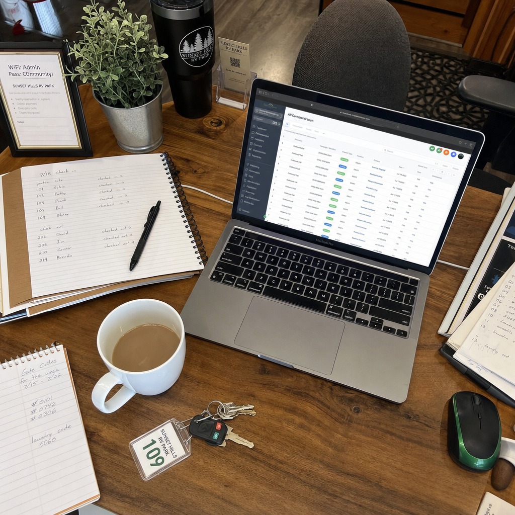 Overhead view of a cluttered RV park office desk showing a laptop with an organized communication interface, handwritten notes, a coffee mug, phone, and scattered paperwork, with warm golden light from a window overlooking RV sites.