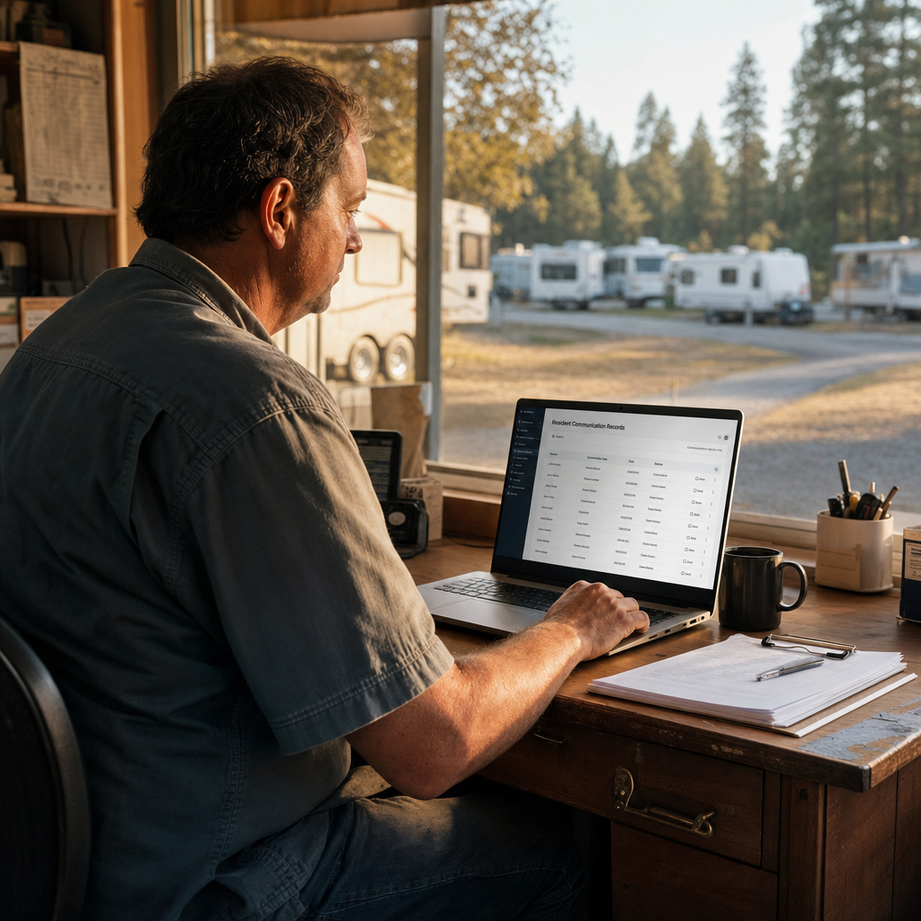 Owner-operator in work shirt seated at an office desk, focused on a laptop screen showing resident communication records, with an RV park visible through the window behind him.
