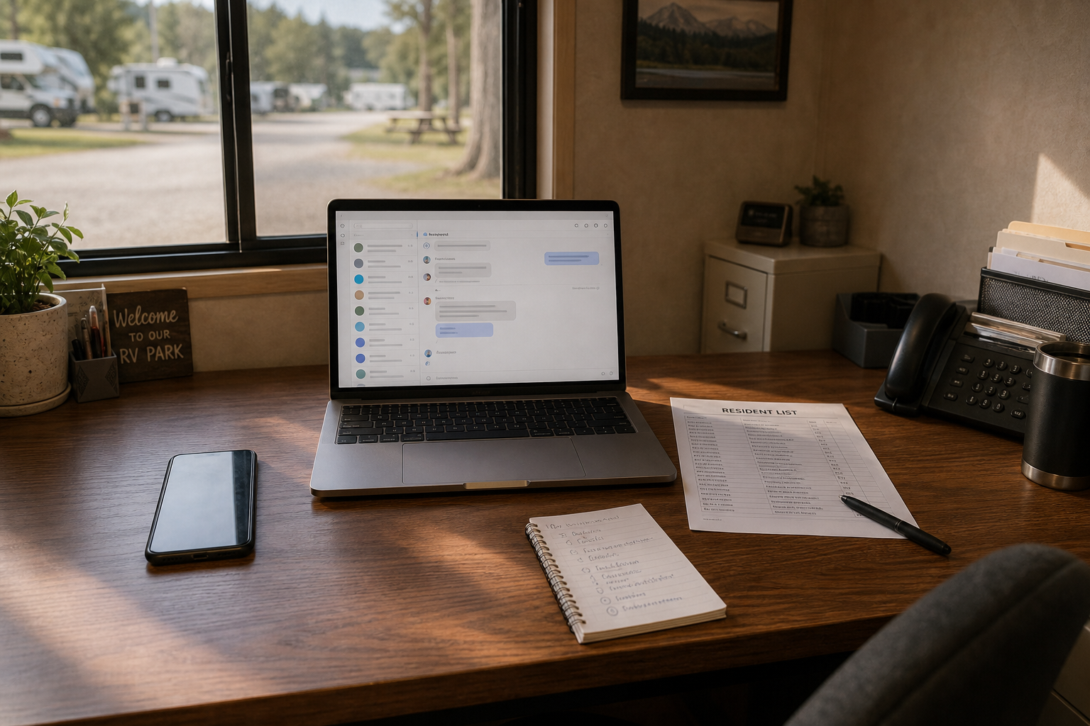 Small RV park office workspace with phone and laptop showing organized communication, paper resident list on desk.