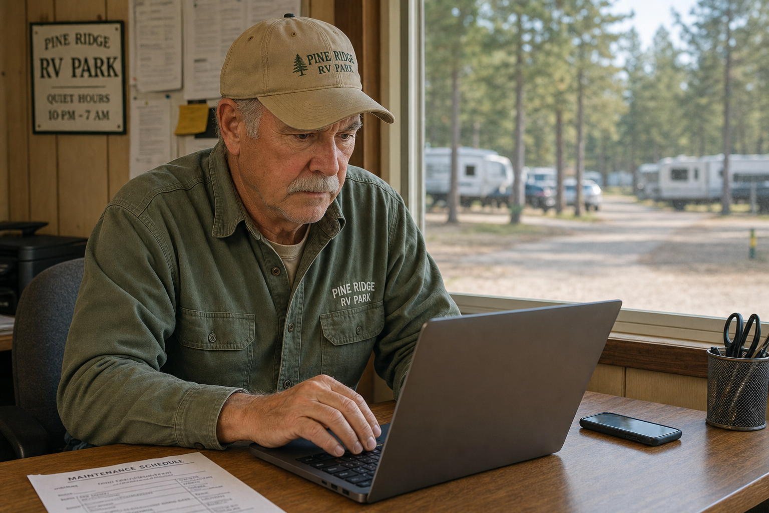 Owner operator in modest RV park office reviewing messages on laptop with phone and paper notice, window view toward RV sites.