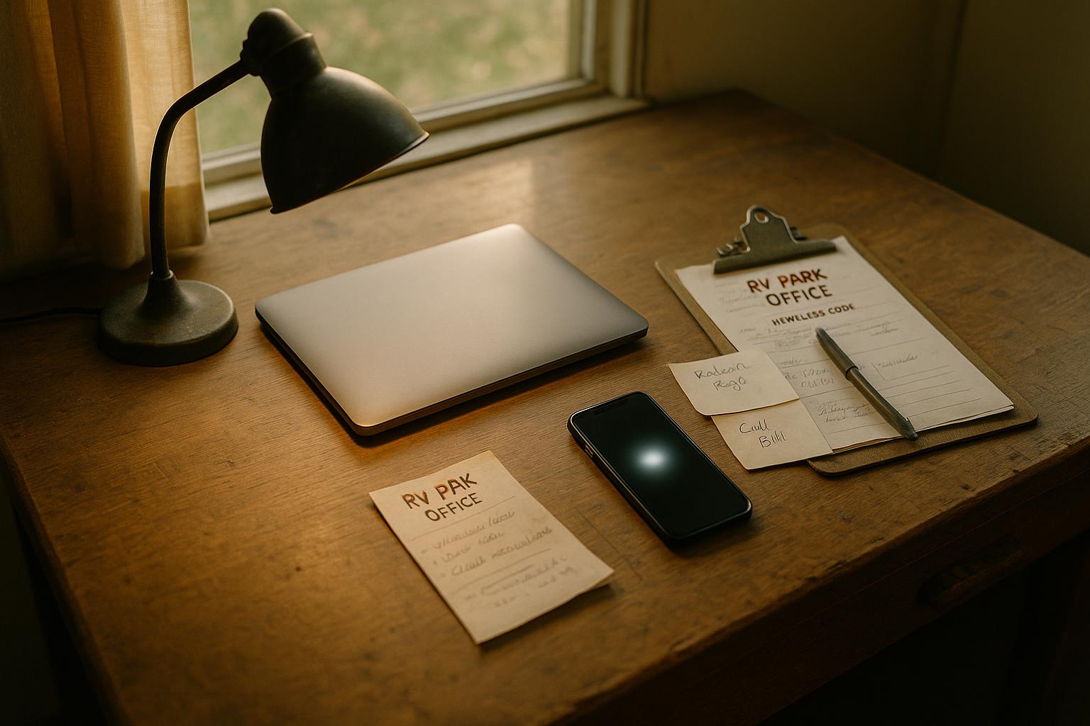 Quiet RV park office desk with phone, laptop, and resident notes