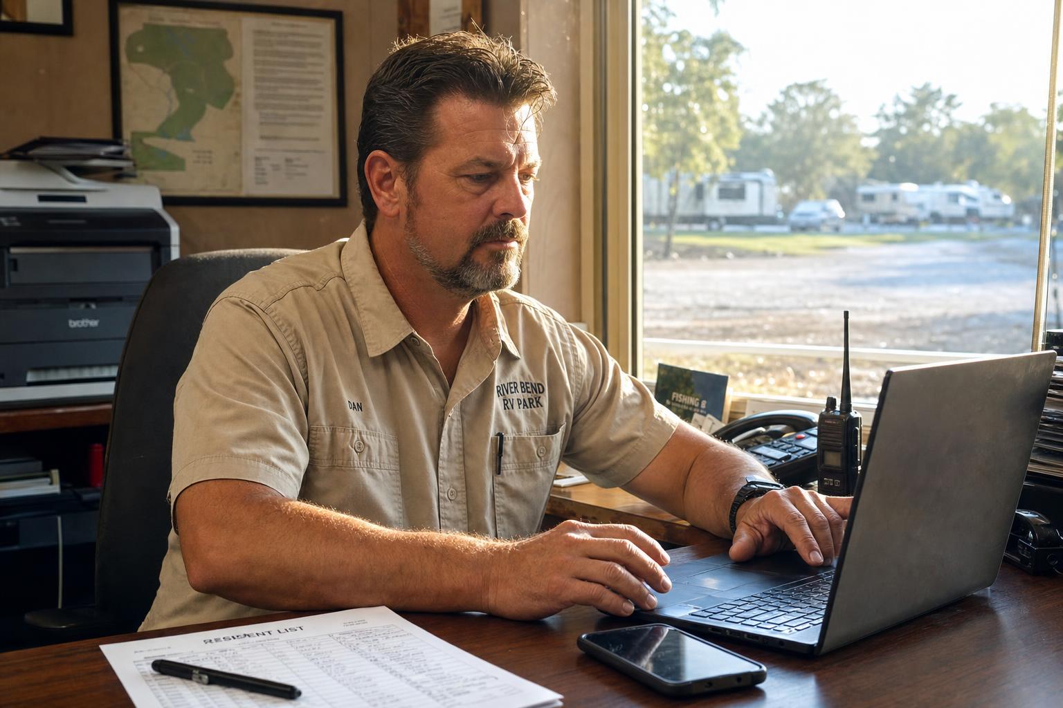 Park operator working from an RV park office with resident records nearby