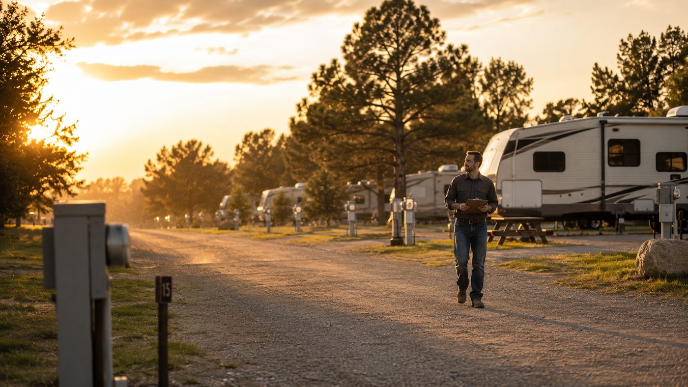 Owner operator walking through an RV park at golden hour, holding a phone, with utility pedestals and resident sites visible in the background