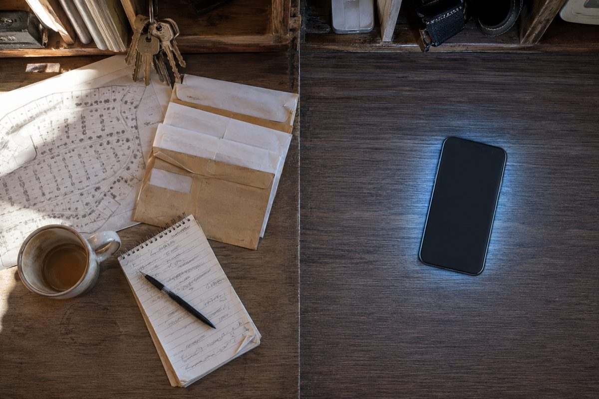 Split image showing scattered monthly operations on one side with printed site maps and rent envelopes, transitioning to an organized phone interface on the other